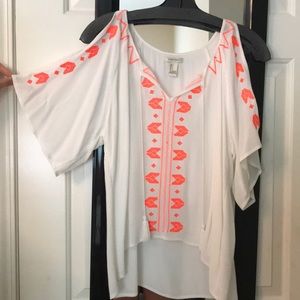 White top w neon coral detailing Cutout shoulder